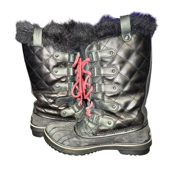 Sorel Tofino Winter Boots Women's Size 7.5 Black Leather Faux Fur Trim WP