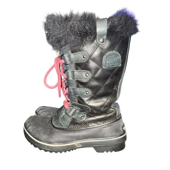 Sorel Tofino Winter Boots Women's Size 7.5 Black Leather Faux Fur Trim WP
