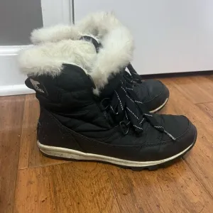 Sorel Whitney Boots Women's 6.5 Black White Faux Fur Waterproof Winter Snow