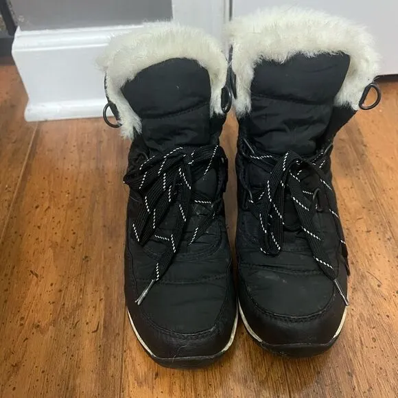 Sorel Whitney Boots Women's 6.5 Black White Faux Fur Waterproof Winter Snow