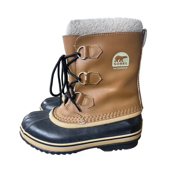 Sorel Womans 5 Caribou Waterproof Leather Snow Boots Shearling WOOL Lined Brown