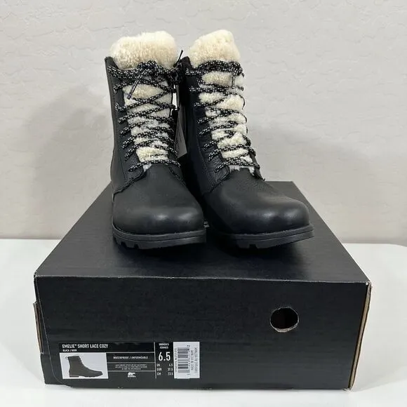 Sorel Women's Boots Black Emilie Short Lace Cozy‎ Shearling Bootie Size 6.5