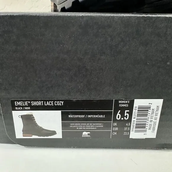 Sorel Women's Boots Black Emilie Short Lace Cozy‎ Shearling Bootie Size 6.5