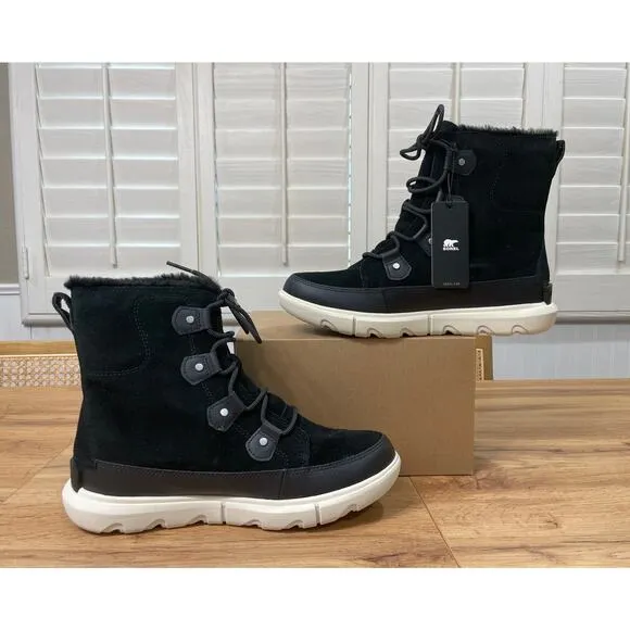 Sorel Women's Explorer II Joan Cozy Boots Black Fawn Suede Faux Fur Size 11 NWOB