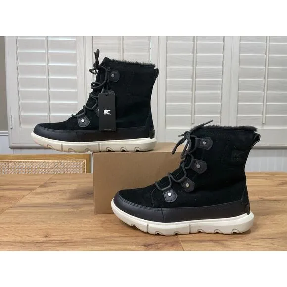Sorel Women's Explorer II Joan Cozy Boots Black Fawn Suede Faux Fur Size 11 NWOB