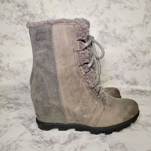 Sorel Women's Joan Of Arctic Boots Size 10 Wedge Heel Shearling Waterproof‎ Gray