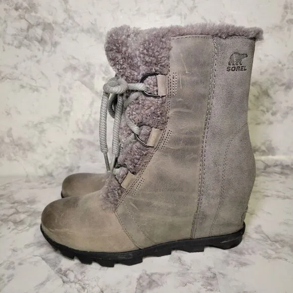 Sorel Women's Joan Of Arctic Boots Size 10 Wedge Heel Shearling Waterproof‎ Gray