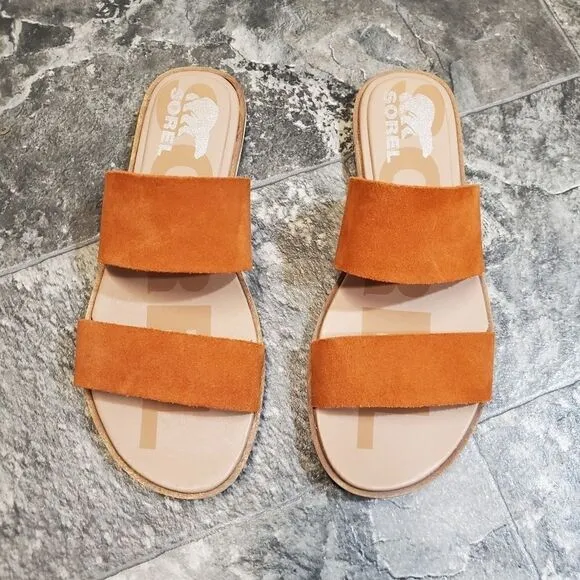 Sorel Ella II Desert Sun/Chalk Burnt Orange Two Strap Slide Slip-on Sandals 7