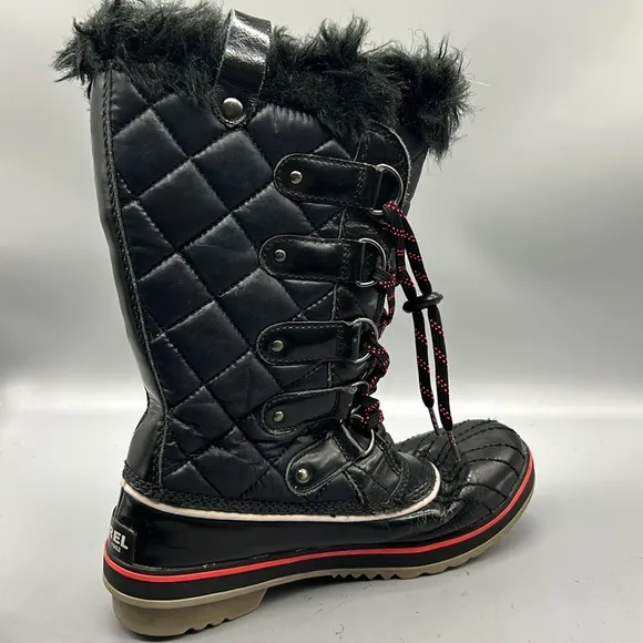 Sorel Tolfino Black Quilted Faux Fur Waterproof Snow Winter Tall Boot sz 7