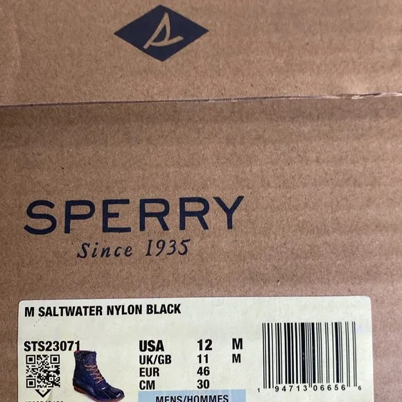 Sperry mens sz 12 Black Saltwater Nylon Waterproof Duck Boots New in Box