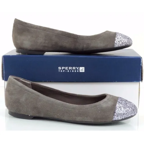 Sperry Top Sider Annabelle Glitter Cap Toe Ballet Flat Shoes Grey Suede Size 6
