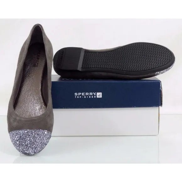 Sperry Top Sider Annabelle Glitter Cap Toe Ballet Flat Shoes Grey Suede Size 6