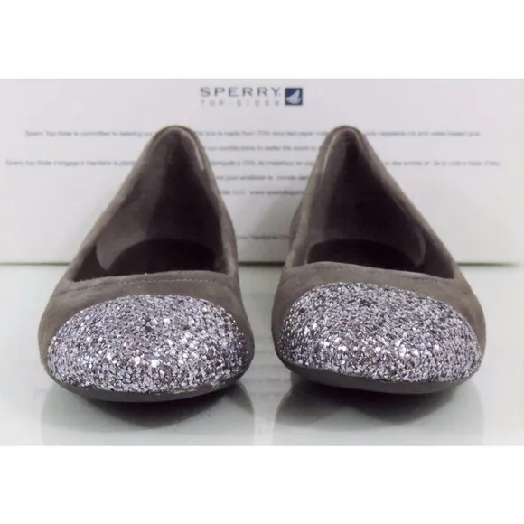 Sperry Top Sider Annabelle Glitter Cap Toe Ballet Flat Shoes Grey Suede Size 6