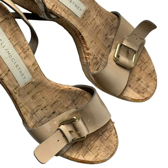 Stella McCartney Size 39 Cork Wedge Sandals Faux Leather Beige Summer