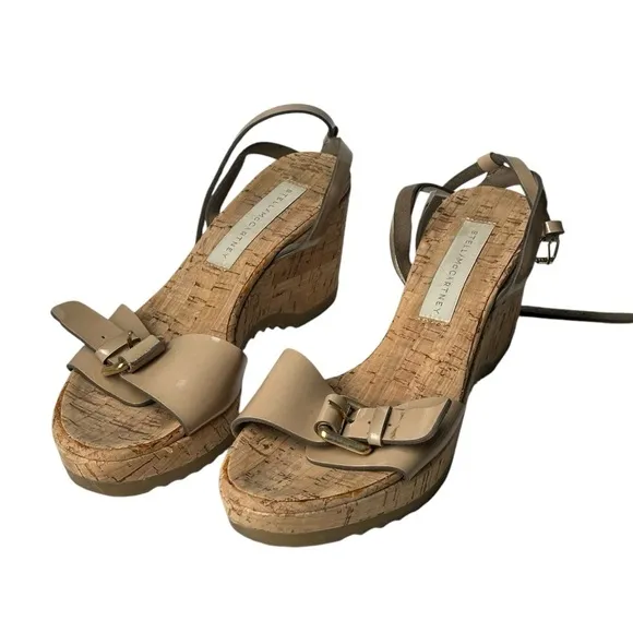 Stella McCartney Size 39 Cork Wedge Sandals Faux Leather Beige Summer