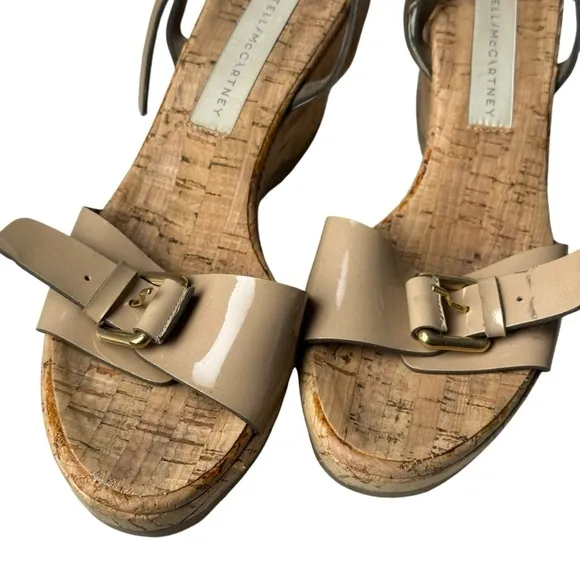 Stella McCartney Size 39 Cork Wedge Sandals Faux Leather Beige Summer
