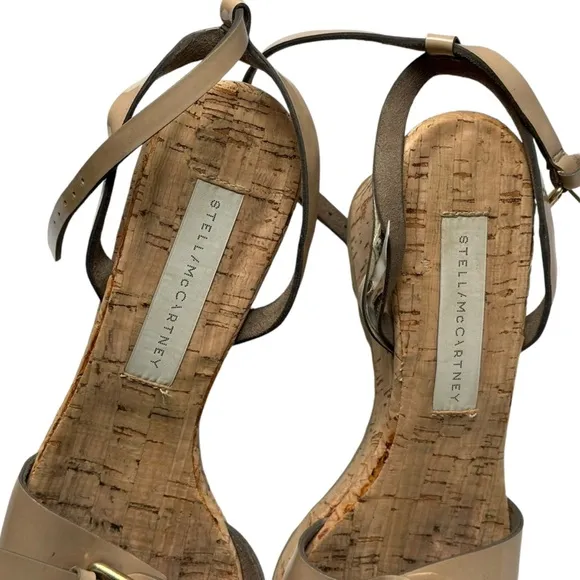 Stella McCartney Size 39 Cork Wedge Sandals Faux Leather Beige Summer