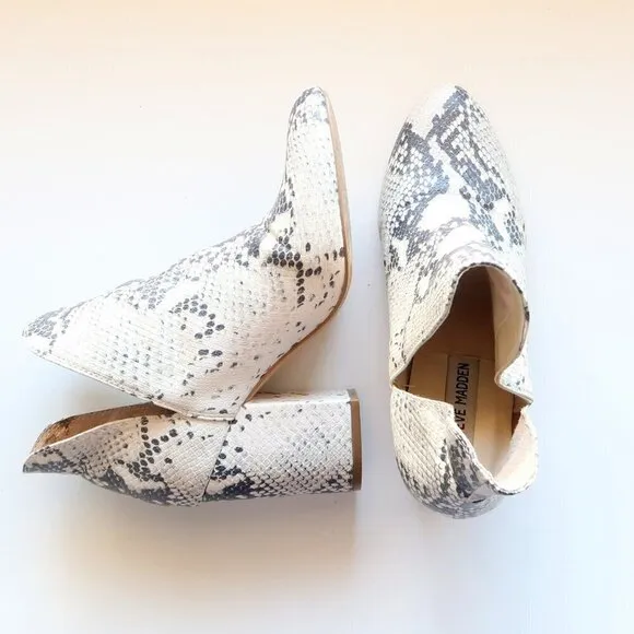 Steve Madden Cream &amp; Grey Snakeskin Almond Toe Block Heel Ankle Boots, Booties