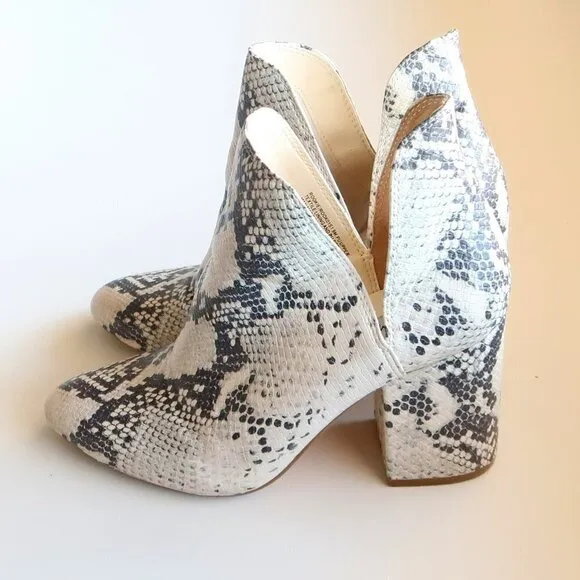 Steve Madden Cream &amp; Grey Snakeskin Almond Toe Block Heel Ankle Boots, Booties