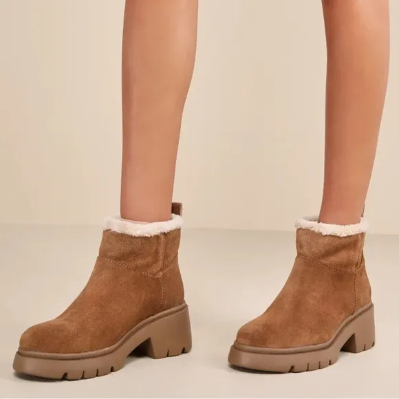 Steve Madden Hatcher Chestnut Suede Leather Faux Fur Lug Sole Ankle Boots
