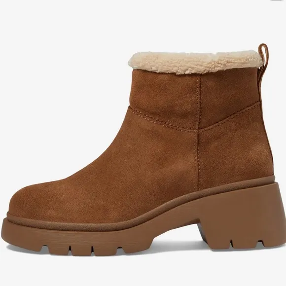 Steve Madden Hatcher Chestnut Suede Leather Faux Fur Lug Sole Ankle Boots