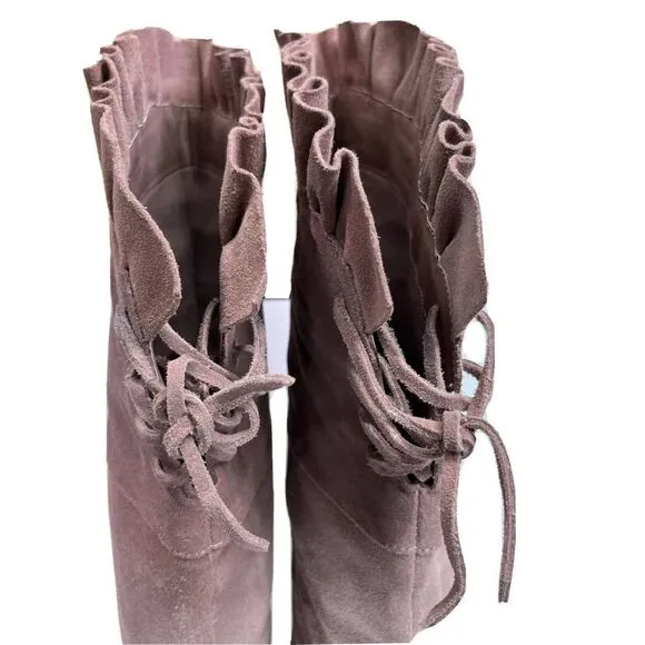 Steve Madden Knee High Boots Taupe Suede Platform Sexy Ruffle Lilianna Size 7
