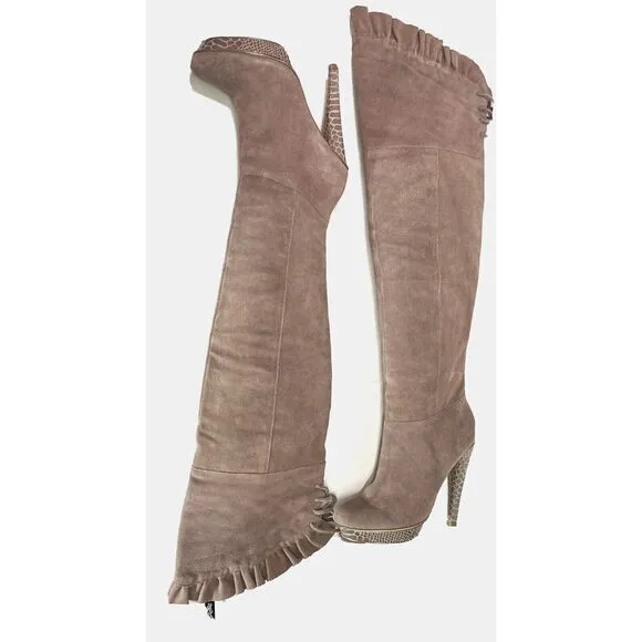Steve Madden Knee High Boots Taupe Suede Platform Sexy Ruffle Lilianna Size 7