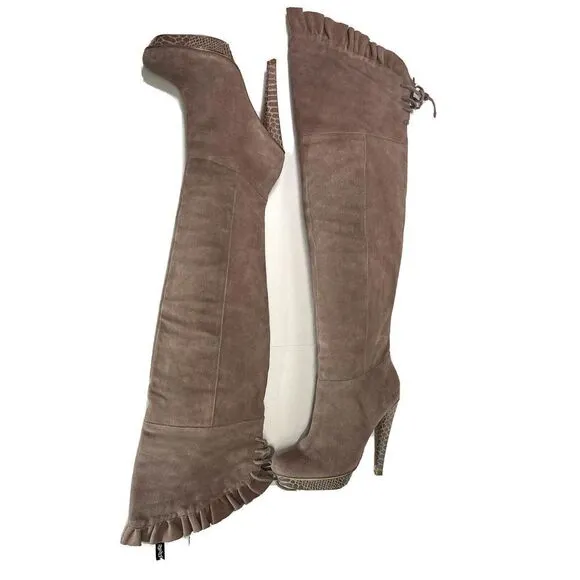 Steve Madden Knee High Boots Taupe Suede Platform Sexy Ruffle Lilianna Size 7