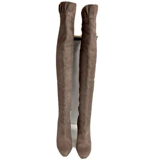 Steve Madden Knee High Boots Taupe Suede Platform Sexy Ruffle Lilianna Size 7