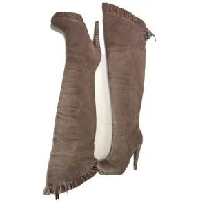 Steve Madden Knee High Boots Taupe Suede Platform Sexy Ruffle Lilianna Size 7