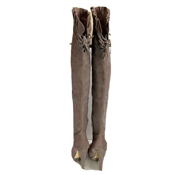 Steve Madden Knee High Boots Taupe Suede Platform Sexy Ruffle Lilianna Size 7