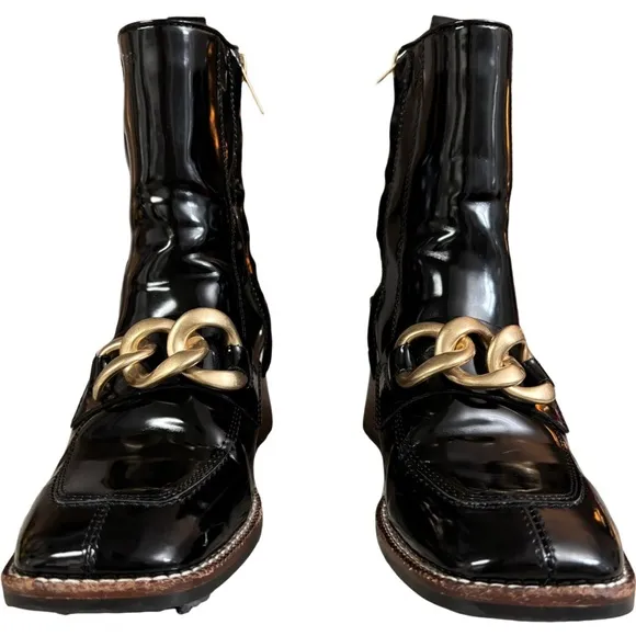 Steve Madden Loreen Chain-Embellished Faux Patent-Leather Ankle Boots - US 7.5