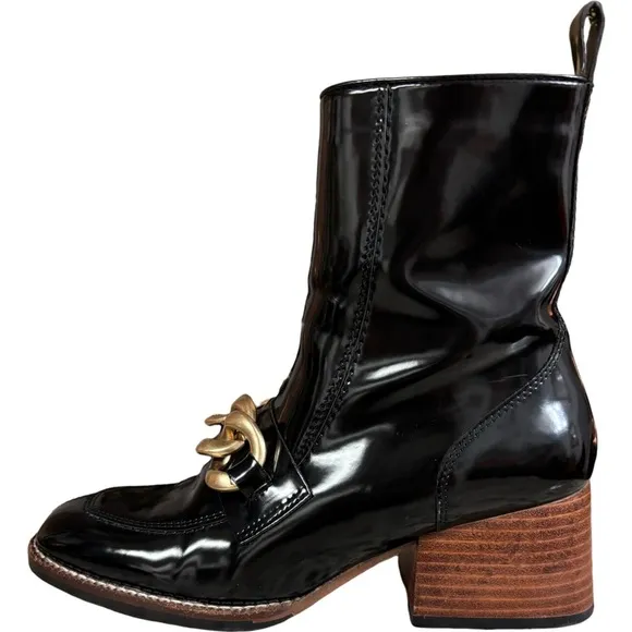 Steve Madden Loreen Chain-Embellished Faux Patent-Leather Ankle Boots - US 7.5