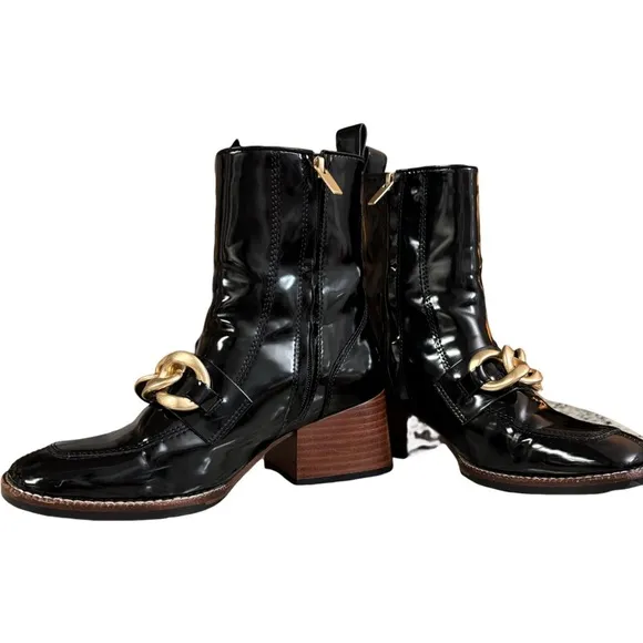 Steve Madden Loreen Chain-Embellished Faux Patent-Leather Ankle Boots - US 7.5