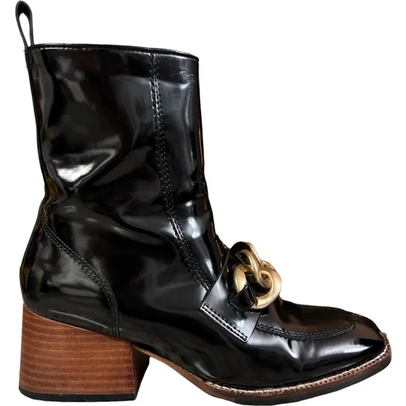Steve Madden Loreen Chain-Embellished Faux Patent-Leather Ankle Boots - US 7.5