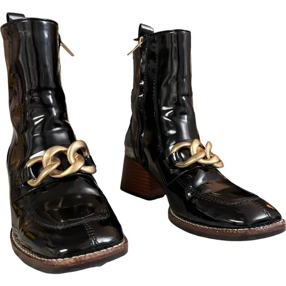 Steve Madden Loreen Chain-Embellished Faux Patent-Leather Ankle Boots - US 7.5