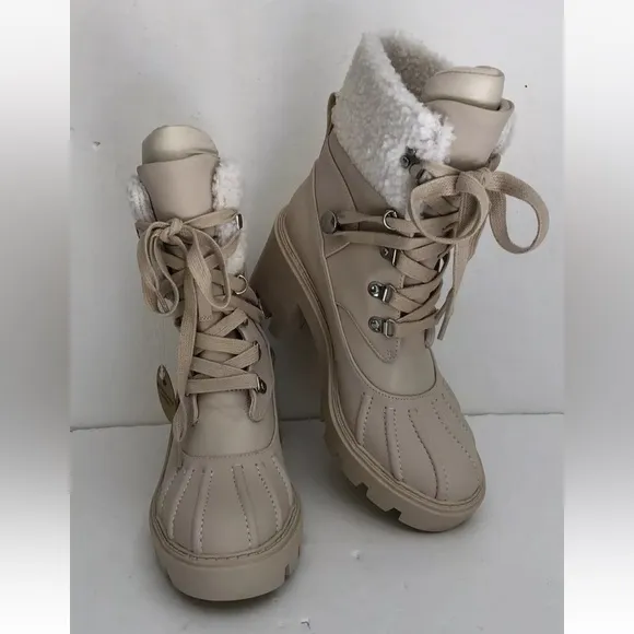 STEVE MADDEN Northern Faux Fur Lug Sole Combat Lace-up Boots Size 5.5M Beige ps2