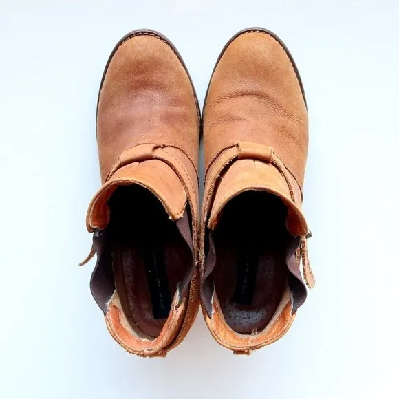 Steve Madden Tan Brown Nubuck Leather Block Heel Pull-on Ankle Boots Booties 8