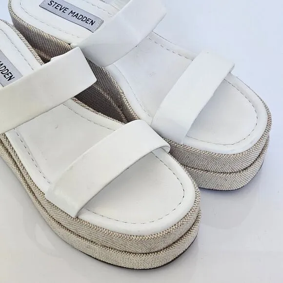 Steve Madden Women's Size 7 Merrcer Platform Slide Leather Sandal in White Beach