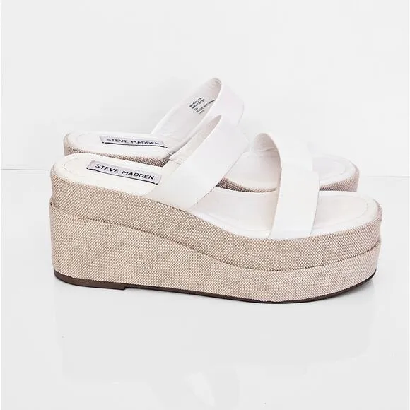 Steve Madden Women's Size 7 Merrcer Platform Slide Leather Sandal in White Beach
