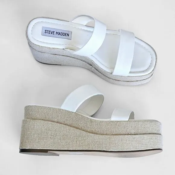 Steve Madden Women's Size 7 Merrcer Platform Slide Leather Sandal in White Beach