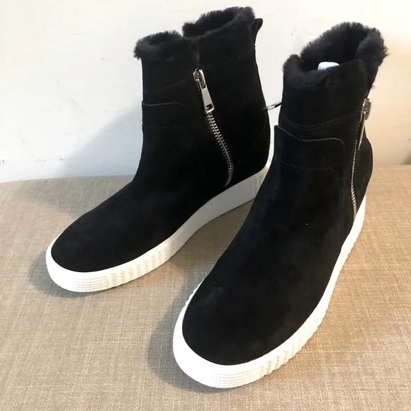 Steven Madden Bamby Black Faux Water Resistant Suede Wedge Ankle Boots Sneaker