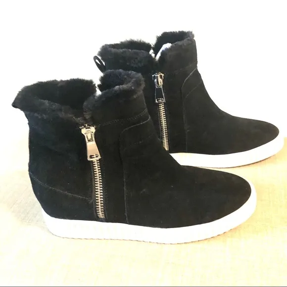 Steven Madden Bamby Black Faux Water Resistant Suede Wedge Ankle Boots Sneaker