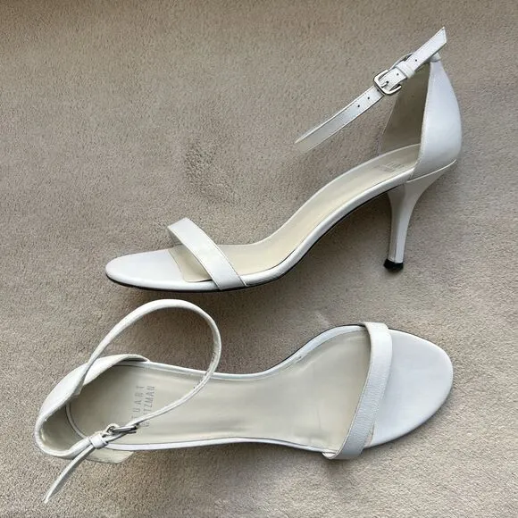 Stuart Weitzman Amelina 75 White Leather Sandals Women 9 M Ankle Strap Nudist