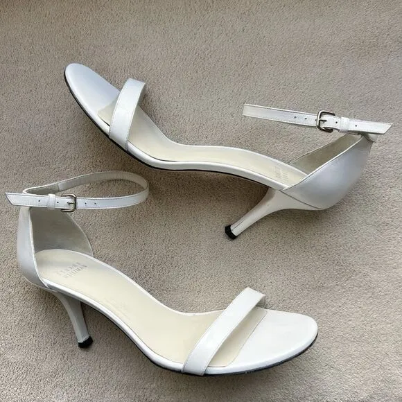 Stuart Weitzman Amelina 75 White Leather Sandals Women 9 M Ankle Strap Nudist