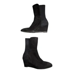 Stuart Weitzman Beatrice Black Suede Almond Toe Wedge Midi Ankle Boots Sz 7