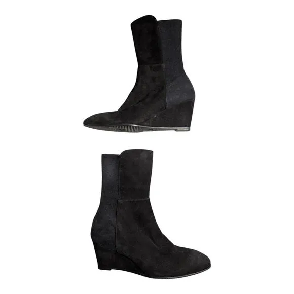 Stuart Weitzman Beatrice Black Suede Almond Toe Wedge Midi Ankle Boots Sz 7