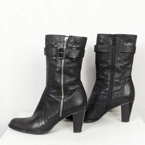 Stuart Weitzman Black Leather Heeled Midcalf Moto Boots