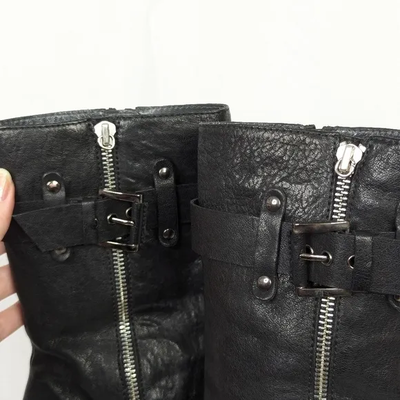Stuart Weitzman Black Leather Heeled Midcalf Moto Boots
