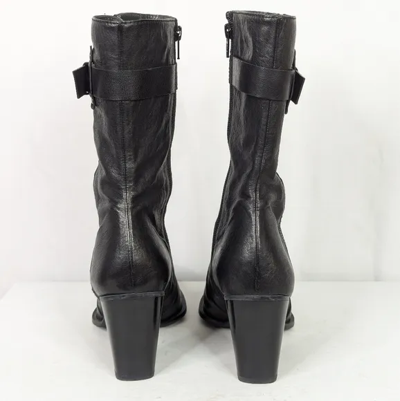 Stuart Weitzman Black Leather Heeled Midcalf Moto Boots